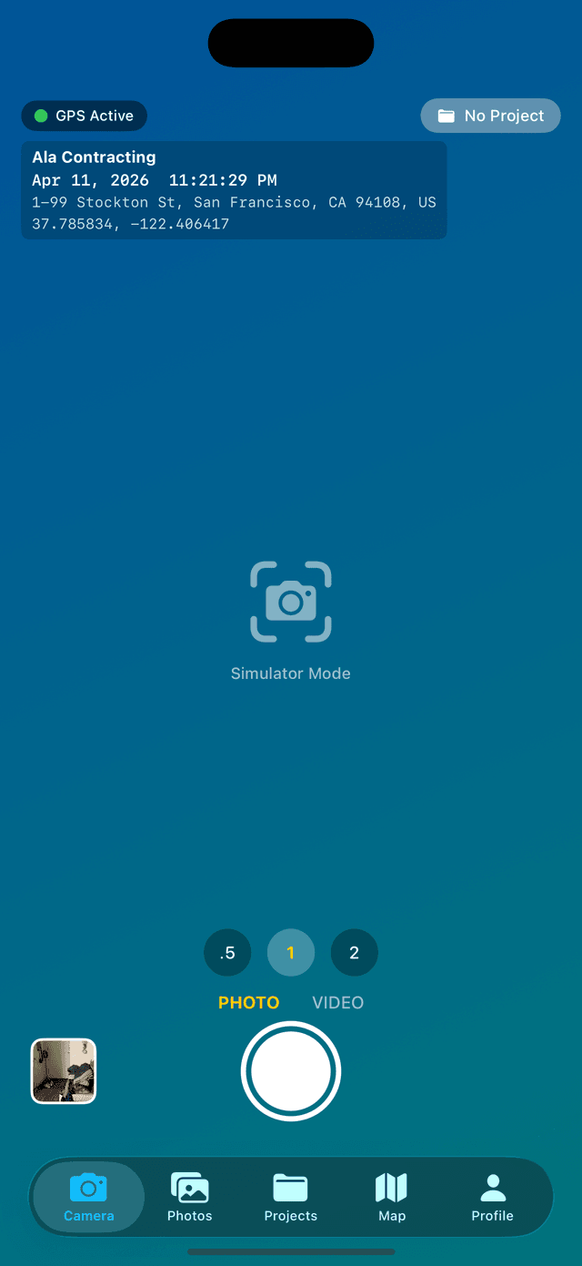 DustiCam camera screen showing GPS-tagged construction photo capture