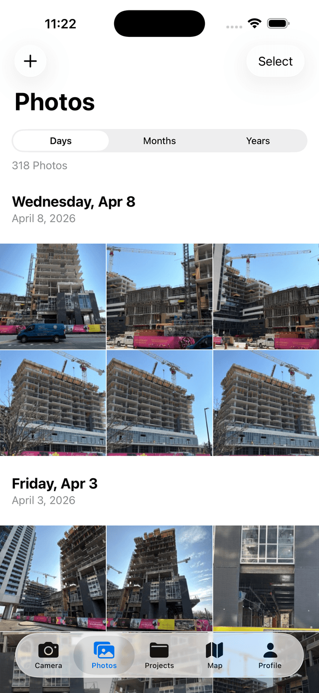 DustiCam photo library grouped by date