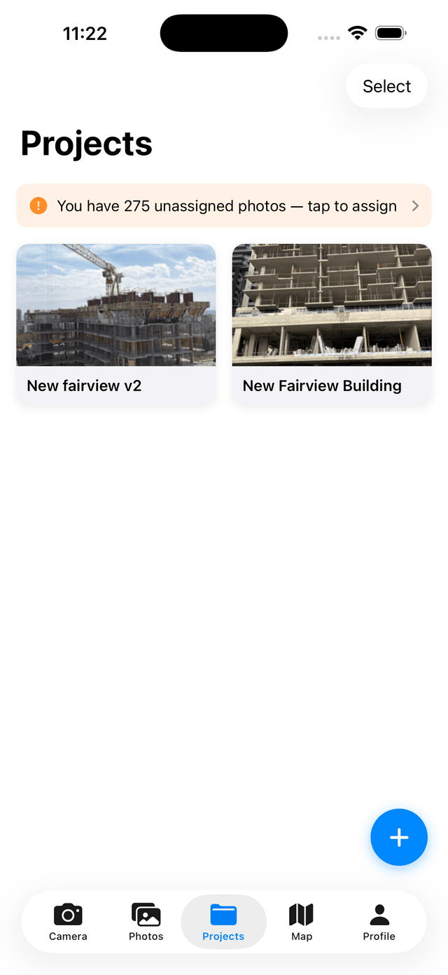 DustiCam multi-project workspace view