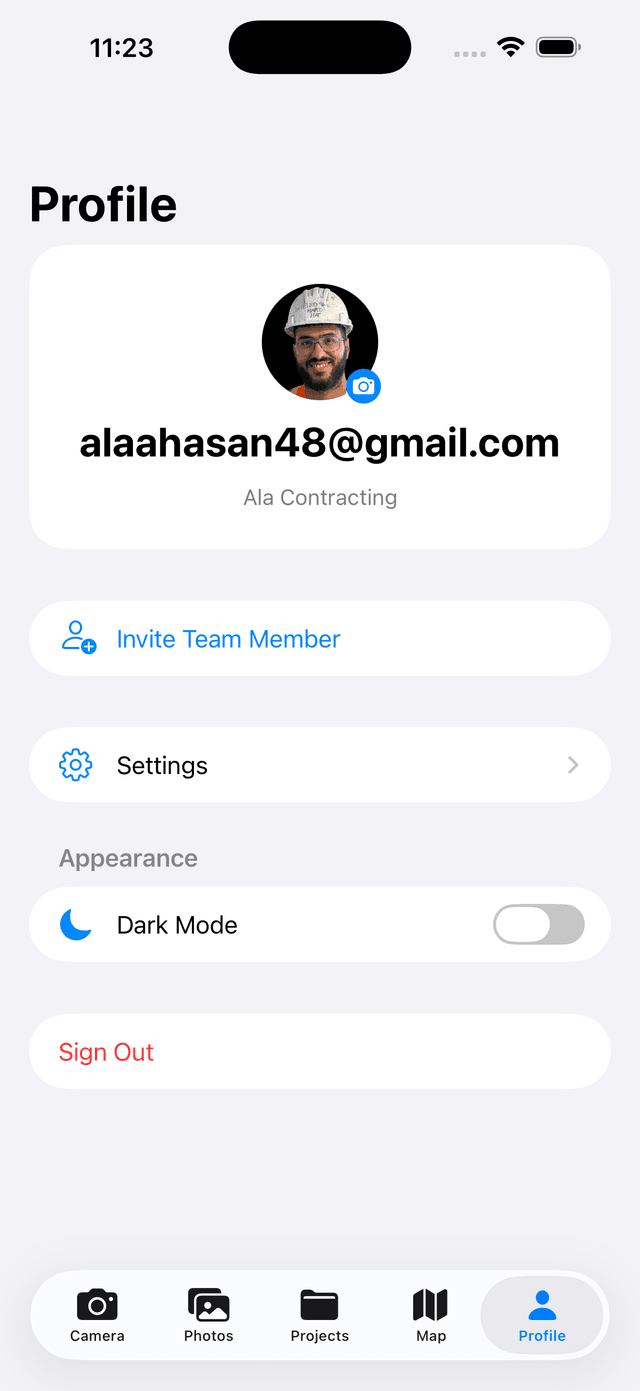 DustiCam profile and team management screen